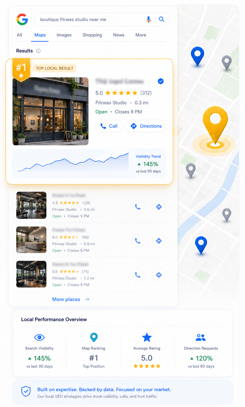 Computer screen displaying local business ranking higher in search results and Google Maps