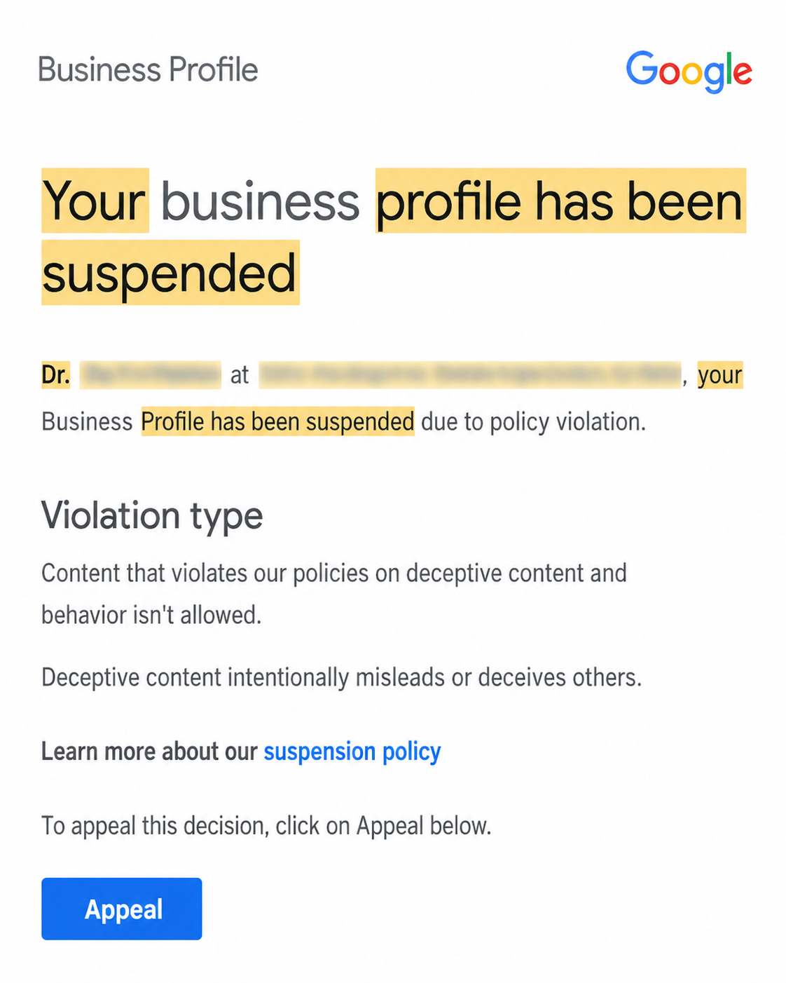 Google Business Profile suspended notification